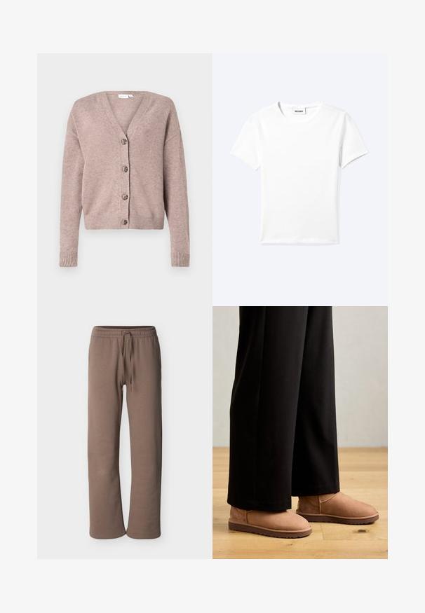 VILA VIRIL V-NECK KNIT CARDIGAN - NOOS - Cardigan - brown; Ensfarvet hvid t-shirt med korte ærmer og rund halsudskæring med en lille "WEEKDAY" label indeni halskanten, vist fladt på en lys baggrund.; Brune elastiske sweatpants med snor i taljen, lige ben og afslappet pasform, vist mod en ensfarvet lys baggrund.; Brune ruskinds ankelstøvler med flad gummisål, rund tå og minimal syning, båret med sorte brede bukser på et trægulv.