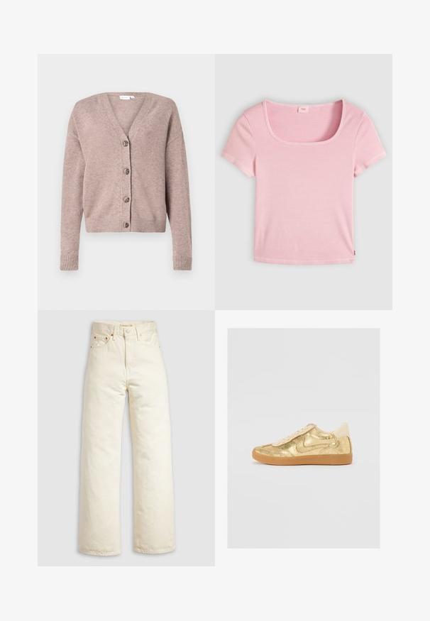 VILA VIRIL V-NECK KNIT CARDIGAN - NOOS - Kardigan - brown; Hele roosa soonikkoes lühikeste varrukatega topp ruudukujulise kaelusega, asetatud tasapinnale neutraalsel taustal.; Laiade säärega teksad tumedalt valgest denimist, millel on kõrge vöökoht, vasest neetide ja klassikalise viie tasku disainiga. Tekstureeritud kangas puhaste äärtega.; Kuldne sneaker, millel on pragune metallikviimistlus, beežid aktsendid, tekstureeritud keel ja kummine tall. Madal disain, millel on paelaga sulgemine.