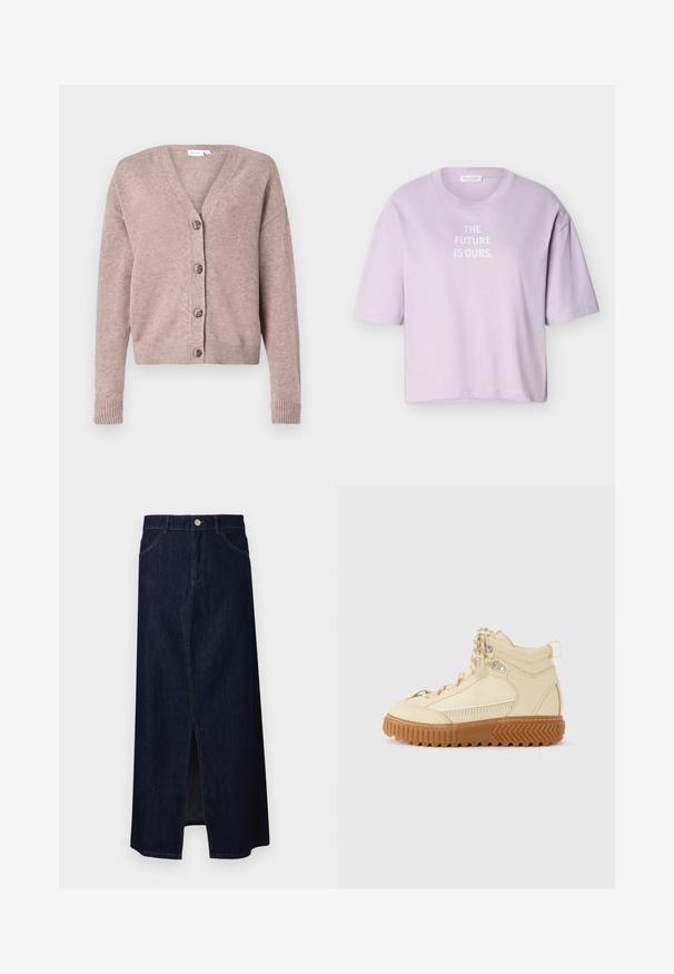 VILA VIRIL V-NECK KNIT CARDIGAN - NOOS - Kardigan - brown; Lillat värvi lühikeste varrukatega ümarakaelusega t-särk valge tekstiga "TULEVIK ON MEIE" keskelt esiküljel, esitatuna lihtsal taustal.; Tume teksaskangas maksiseelik, millel on ees lõhik, viis taskut, lukuga edendamine ja kontrastne õmbluste aktsent.; Bež kõrge tald sneaker triibuliste paeltega ja paksu pruuni soonikuga tallaga, nähtav külgvaates lihtsal valgel taustal.