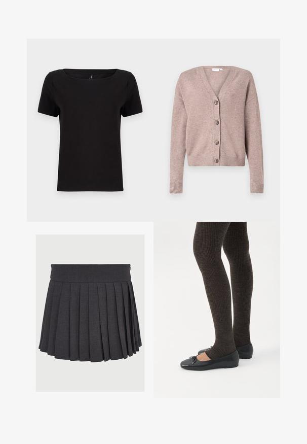 VILA VIRIL V-NECK KNIT CARDIGAN - NOOS - Cardigan - brown; Sort t-shirt med korte ærmer og firkantet halsudskæring, lavet af blødt bomuldsstof, med et minimalistisk design og en almindelig pasform.; Grå plisseret nederdel med flad talje og lynlås, lavet af et struktureret stof med jævnt fordelte dybe plisseringer.; Ben iført mørke ribbede leggings kombineret med sorte balletsko med små sløjfedetaljer på hvid baggrund.