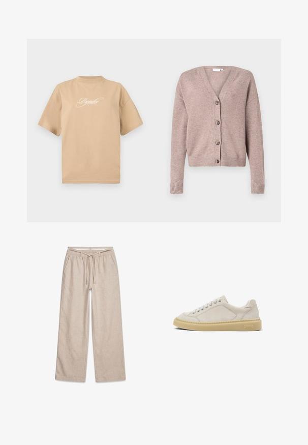 VILA VIRIL V-NECK KNIT CARDIGAN - NOOS - Cardigan - brown; Beige bomulds t-shirt med korte ærmer, rund halsudskæring og hvid skråskrift på fronten, der står "Pegador Dreams Come True."; Beige bukser med vide ben, elastik i taljen og snøre, forlommer og lille "PEGADOR" logo på højre side.; Beige lavsko i ruskind med hvide snørebånd og en tyk sandfarvet gummisål, Camper-logo præget på hælsiden.