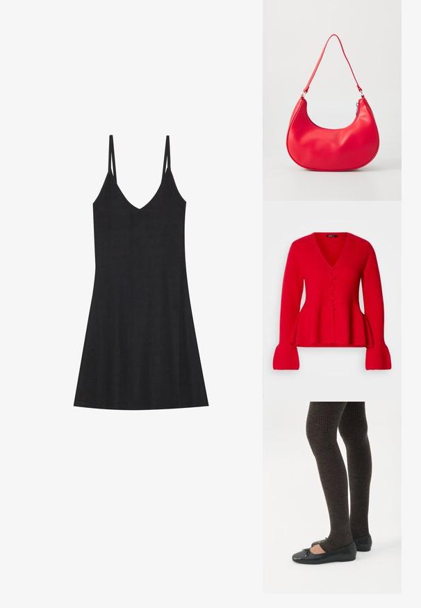Cárdigan de punto rojo con escote en V, cierre de botones y dobladillo peplum. Presenta mangas acanaladas y una textura suave.; Vestido deslizante negro de canalé con escote en V y tirantes finos ajustables. Presenta un corte relajado, que cae por encima de las rodillas, con un diseño minimalista.; Piernas con leggings oscuros acanalados combinados con bailarinas negras que presentan pequeños detalles de lazo sobre un fondo blanco.; Bolso de hombro de piel sintética roja con forma curvada, correa delgada y cierre de cremallera. Textura suave con detalles de costura visibles.