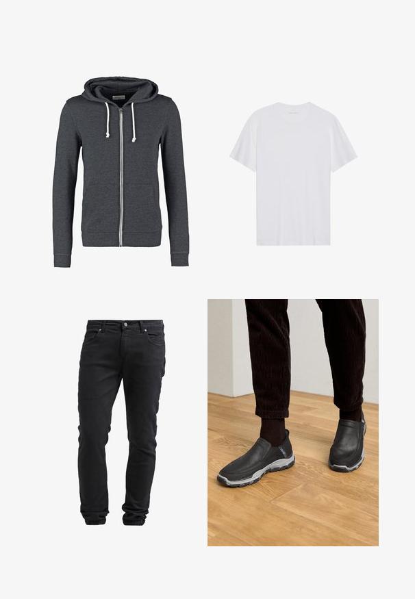 Sudadera gris con cremallera, hecha de una tela suave, que cuenta con una capucha con cordón, dos bolsillos frontales y puños y dobladillo acanalados.; Camiseta de algodón blanca con mangas cortas, cuello redondo y una textura suave. Presenta una marca mínima en el escote.; Jeans negros slim fit con cierre de botón y cremallera, cinco bolsillos y puños elásticos en los tobillos.; Zapatos negros sin cordones con parte superior de cuero texturizado y una suela de goma gris, sobre un suelo de madera y pantalones de pana.