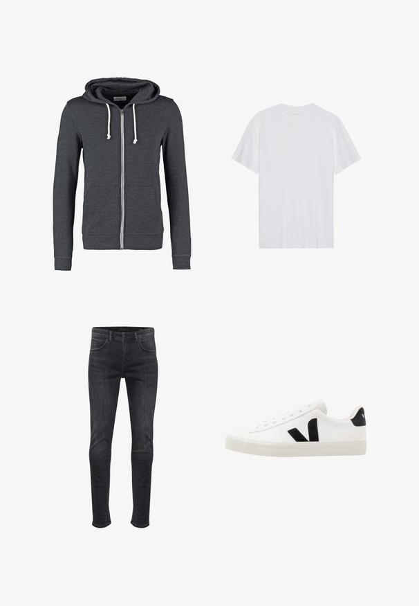 Graue Zip-Hoodie aus weichem Material, mit einer Kapuze mit Kordelzug, zwei Vordertaschen sowie gerippten Bündchen und Saum.; Weißes Baumwoll-T-Shirt mit kurzen Ärmeln, Rundhalsausschnitt und glatter Textur. Verfügt über eine minimale Markenkennzeichnung am Halsausschnitt.; Hoch sitzende Skinny-Jeans aus dunkelgrauem Denim, mit seitlichen und hinteren Taschen, einem vorderen Knopfverschluss und dezenten Ausbleichdetails.; Weiße Leder-Sneaker mit schwarzen Wildlederelementen; verfügen über eine Gummisohle, eine runde Spitze und ein klassisches Schnürdesign. Seitliches Logo in Schwarz.