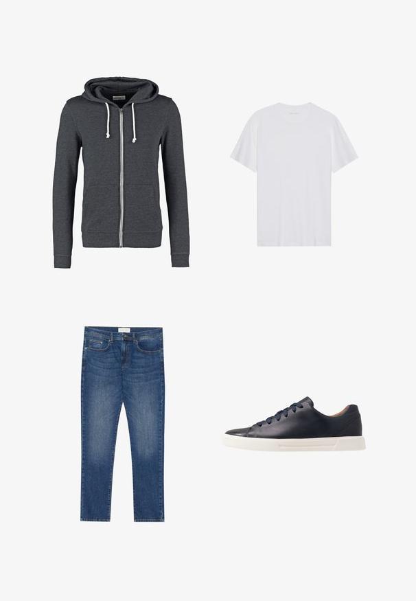 Graue Zip-Hoodie aus weichem Material, mit einer Kapuze mit Kordelzug, zwei Vordertaschen sowie gerippten Bündchen und Saum.; Weißes Baumwoll-T-Shirt mit kurzen Ärmeln, Rundhalsausschnitt und glatter Textur. Verfügt über eine minimale Markenkennzeichnung am Halsausschnitt.; Herren Jeans aus blauem Denim mit geradem Schnitt, fünf Taschen, leichtem Verwaschungsdetail sowie einem standardmäßigen Knopf- und Reißverschluss.; Marineblaue Ledersneaker mit glatter Oberfläche, flacher weißer Gummisohle, runder Zehenpartie und sechs marineblauen Schnürsenkeln, die durch runde Ösen gefädelt sind.