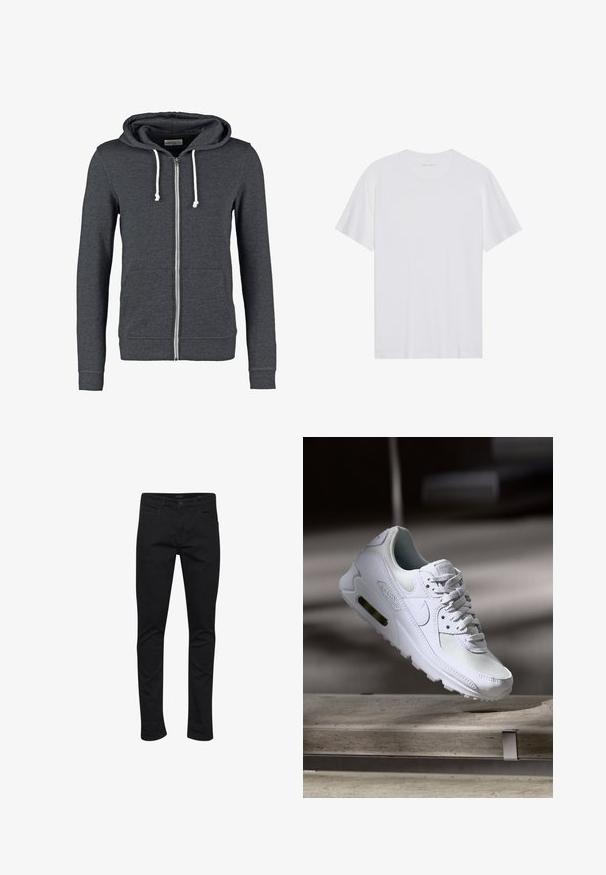 Graue Zip-Hoodie aus weichem Material, mit einer Kapuze mit Kordelzug, zwei Vordertaschen sowie gerippten Bündchen und Saum.; Weißes Baumwoll-T-Shirt mit kurzen Ärmeln, Rundhalsausschnitt und glatter Textur. Verfügt über eine minimale Markenkennzeichnung am Halsausschnitt.; Schwarze Denim-Jeans mit slim Fit, klassischem Fünf-Taschen-Design, robusten Nähten und einem Reißverschluss mit Knopfverschluss.; Weiße Nike Air Max 90 Sneaker mit einem Obermaterial aus Mesh und Leder, durchlässigem Zehenbereich und einer sichtbaren Air-Einheit in der Ferse.