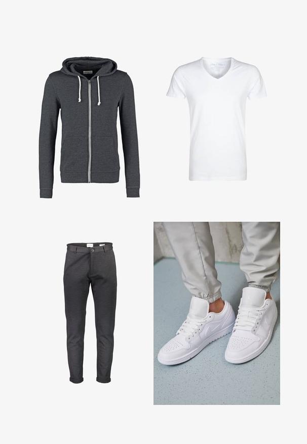 Grijze rits-hoodie van zachte stof, met een trekkoordcapuchon, twee voorzakken en ribgebreide manchetten en zoom.; Witte V-hals t-shirt gemaakt van zachte katoen. Korte mouwen, een relaxte pasvorm en minimale stiksels. Geen patronen of grafische afbeeldingen aanwezig.; Slim-fit donkergrijze broek gemaakt van zachte stof, met een knoopsluiting, riemlussen en omgeslagen pijpen. Gladde textuur zonder patronen.; Witte leren sneakers met een geperforeerde neus, platte veters, een gepolsterde kraag en het Jordan-logo op de tong. Gediend met grijze joggers.
