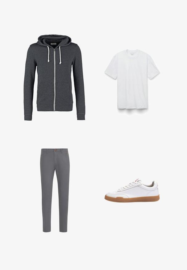 Graue Zip-Hoodie aus weichem Material, mit einer Kapuze mit Kordelzug, zwei Vordertaschen sowie gerippten Bündchen und Saum.; Weißes T-Shirt mit kurzen Ärmeln aus hochwertiger Baumwolle, mit rundem Halsausschnitt und lockerer Passform, ohne sichtbare Muster oder Designs.; Graue Baumwollhosen mit einer taillierten Passform, ausgestattet mit einem Knopfverschluss, normalen Taschen und einer glatten Textur.; Weißer Ledersneaker mit Gummisohle, Schnürverschluss, niedrigem Schnitt und dezenten Steppnähten, von der Seite auf weißem Hintergrund dargestellt.