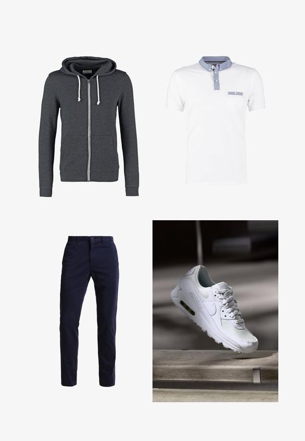 Grå zip-up hoodie lavet af blødt stof, med en hætte med snoretræk, to forlommer og ribbede mansjetter og kant.; Hvid polo-shirt med en denimkrave, med en knappet stolpe og en brystlomme. Korte ærmer med en glat, blød tekstur.; Navyblå chinos lavet af en bomuldsblanding, med en lige ben-design, foran lommer, en lynlås lukning og en enkelt knap i taljen.; Hvide Nike Air Max 90 sneakers med en overdel i mesh og læder, perforeret tåboks og en synlig luftenhed i hælen.