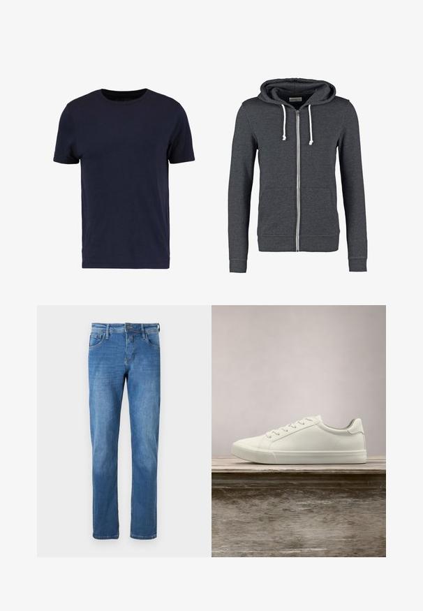 Grå zip-up hoodie lavet af blødt stof, med en hætte med snoretræk, to forlommer og ribbede mansjetter og kant.; Pier One by Zalando T-shirts basic - dark blue; Denim jeans i medium blå med lige pasform. Har fem lommer, en knaplukning og synlige syninger langs sømmene.; Hvide snørresneakers svævende over en træbænk med grønne planter i baggrunden, der fremhæver skodesign og tekstur.