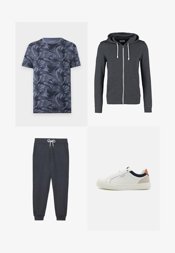 Haut de sweatshirt gris à fermeture éclair en tissu doux, avec une capuche à cordon de serrage, deux poches avant et des poignets et un ourlet côtelés.; T-shirt homme manches courtes col rond bleu foncé avec un motif discret de feuilles tropicales sur l'ensemble.; Pantalon de survêtement gris foncé en matériau doux, avec une taille élastique et un cordon blanc, des poches avant et des poignets côtelés.; Baskets en cuir blanc avec un design bas, accent en tissu bleu marine sur le col et onglet de talon en daim rose pâle. Semelle en caoutchouc.
