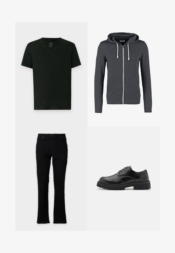 Haut de sweatshirt gris à fermeture éclair en tissu doux, avec une capuche à cordon de serrage, deux poches avant et des poignets et un ourlet côtelés.; T-shirt en coton noir pour homme d'Armani Exchange avec des manches courtes et un col en V, taille moyenne, présenté à plat sur fond blanc.; Jean bootcut noir avec cinq poches, passants pour ceinture et fermeture à bouton, présenté à plat sur un fond clair et uni.; Chaussures en cuir noir avec un bout rond, un laçage et une semelle en caoutchouc épaisse et texturée. Présente des coutures le long du bord et une finition lisse.