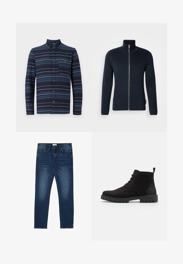 Dunkelblauer Reißverschluss-Pullover mit hohem Kragen. Aus geripptem Stoff, mit langen Ärmeln und einem silbernen Reißverschluss in der Mitte.; Langärmliges Hemd mit Knopfleiste in Navy mit unterschiedlichen blauen horizontalen Streifen, einem Kragen und einer Brusttasche. Weicher Stoff.; Dunkelblaue Slim-Fit-Jeans mit ausgewaschenen Details, klassischem Fünf-Taschen-Design, Knopfverschluss und Gürtelschlaufen.; Schwarze Wildleder-Ankle-Boots mit runder Zehenpartie, Schnürdesign, Gummisohle mit Profil und einer Lasche an der Ferse für einfaches Anziehen.