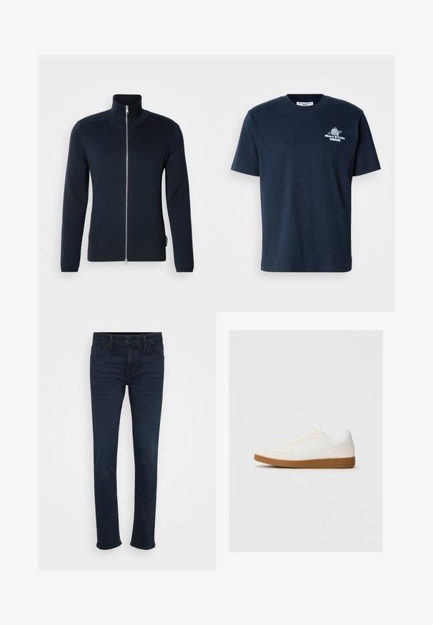 Sweatshirt zippé bleu marine foncé avec un col haut. Fabriqué en tissu côtelé, il est doté de manches longues et d'une fermeture éclair argentée au centre.; T-shirt en coton bleu marine à manches courtes, col rond, avec un imprimé graphique à l'avant d'un globe et le texte "Marc O'Polo DENIM." Design simple.; Jean bleu foncé avec une coupe droite, présentant un design classique à cinq poches, un bouton en métal et des passants de ceinture à la taille.; Baskets blanches avec un capuchon en daim, un dessus en synthétique lisse et une semelle en caoutchouc marron. Présente des perforations sur les côtés pour une meilleure respirabilité.