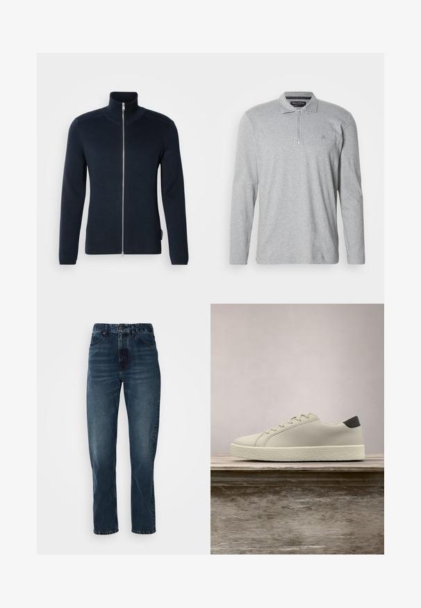 Donkerblauwe zip-up trui met een hoge kraag. Gemaakt van ribstof, met lange mouwen en een zilveren rits in het midden.; Grijze polo met lange mouwen van zachte stof, voorzien van een halve ritssluiting, een klassieke kraag en een klein logo op de borst.; Donkerblauwe recht gesneden jeans met een sluiting met knoop en rits aan de voorkant, vijf-pocket ontwerp en subtiele vervaging op de dijen en knieën.; Witte sneaker met gestructureerde zool en zwarte hieldetails, zwevend boven een houten bank met hoge groene graspluimen op de achtergrond.
