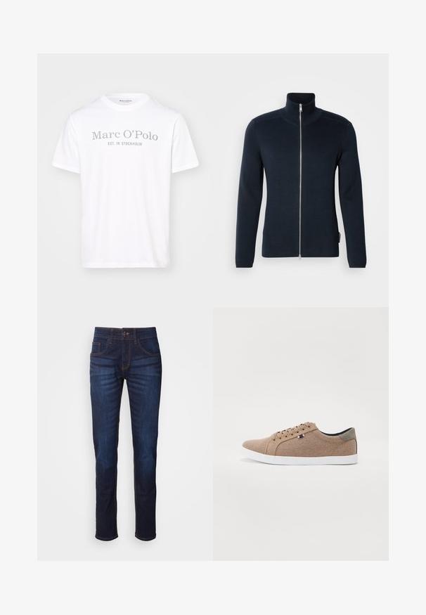 Donkerblauwe zip-up trui met een hoge kraag. Gemaakt van ribstof, met lange mouwen en een zilveren rits in het midden.; Witte katoenen T-shirt met een ronde hals, korte mouwen en grijze opdruk met de tekst "Marc O'Polo EST. IN STOCKHOLM."; Donkerblauwe denim jeans met een rechte pijp, voorzien van oranje stiksels, een knoopsluiting en vier zakken. Glad textuur.; Beige canvas sneakers met een low-top ontwerp, witte rubberen zool en ronde veters. Kenmerkt zich door een contrasterende grijze hielaccent en logodetail.
