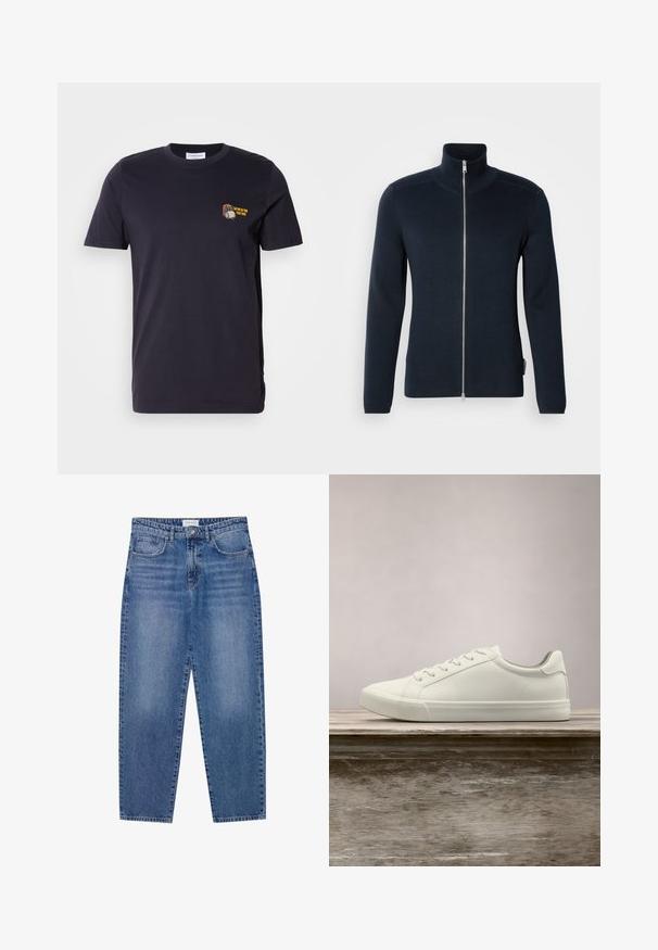 Mørkeblå lynlås trøje med høj krave. Lavet af ribbet stof, med lange ærmer og en sølv lynlås ned i midten.; Mørkeblå bomuld t-shirt med korte ærmer og rund hals. Indeholder et lille broderet design med tekst på venstre brystområde.; Blå denim jeans med høj talje, lige ben design og slidte finish. Har fem lommer og en knaplukning.; Hvide snørresneakers svævende over en træbænk med grønne planter i baggrunden, der fremhæver skodesign og tekstur.