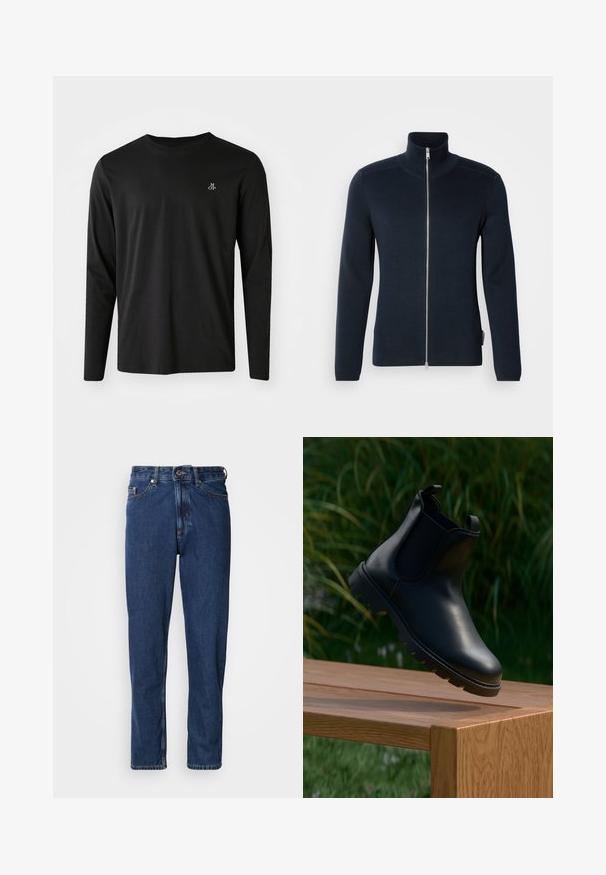 Sudadera de cremalleras en azul marino oscuro con cuello alto. Hecha de tela acanalada, con mangas largas y una cremallera plateada en el centro.; Camiseta negra de manga larga hecha de algodón, con cuello redondo y un pequeño logo blanco en la parte izquierda del pecho. Diseño sencillo.; Jeans de mezclilla de color azul oscuro, con diseño de pierna recta, estilo de cinco bolsillos y costuras visibles a lo largo de las costuras.; Bota Chelsea de cuero negro con punta redonda, paneles laterales elásticos, tiradores y suela de goma texturizada, colocada sobre una superficie de madera.