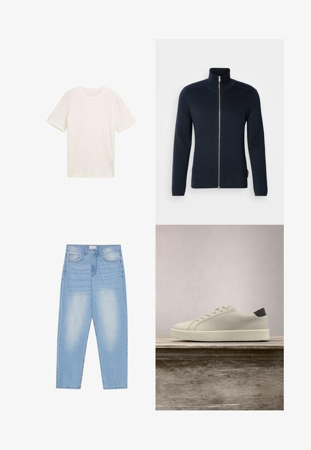 Mørkeblå lynlås trøje med høj krave. Lavet af ribbet stof, med lange ærmer og en sølv lynlås ned i midten.; Kortærmet T-shirt med rund hals i off-white bomuld. Har en afslappet pasform med glat tekstur og ingen bemærkelsesværdige mønstre eller accenter.; Lyseblå denimjeans med en afslappet pasform, der har fem lommer, subtil falming og syninger langs sømmene.; Hvid sneaker med tekstureret sål og sort hældetalje, svævende over en træbænk med højt grønt græs i baggrunden.