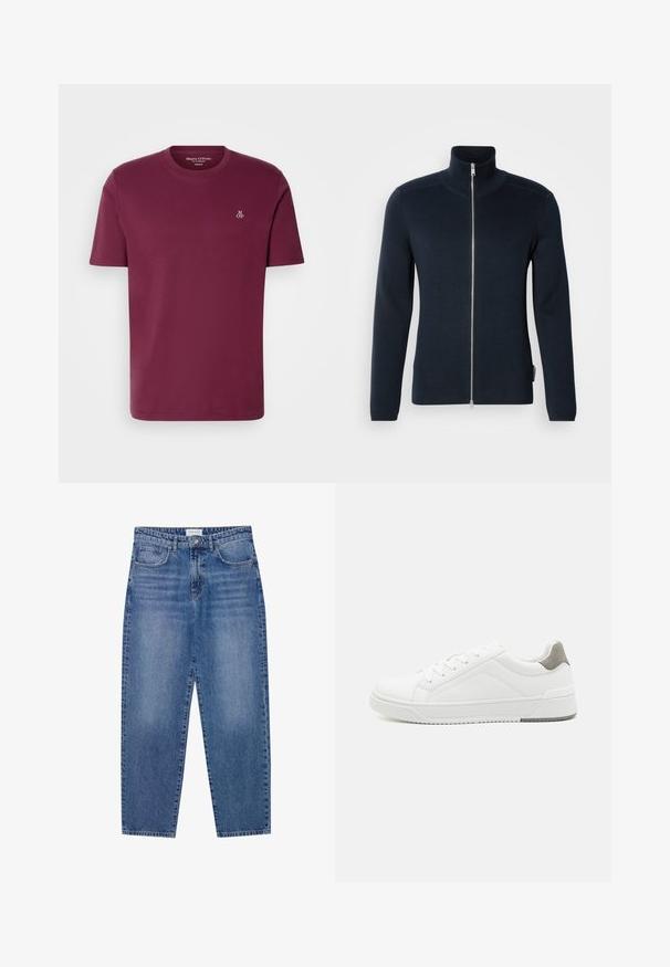 Mørkeblå lynlås trøje med høj krave. Lavet af ribbet stof, med lange ærmer og en sølv lynlås ned i midten.; Bordeaux bomulds t-shirt med rund hals, korte ærmer og et lille hvidt "M OP" logo på brystet. Glat tekstur og almindelig pasform.; Blå denim jeans med høj talje, lige ben design og slidte finish. Har fem lommer og en knaplukning.; Hvid sneaker lavet af glat læder, rund tå, minimalistisk design, grå hælafsats og tekstureret gummisål.