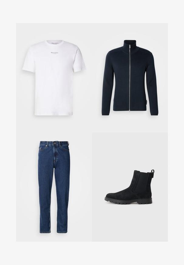 Sudadera de cremalleras en azul marino oscuro con cuello alto. Hecha de tela acanalada, con mangas largas y una cremallera plateada en el centro.; Camiseta blanca de manga corta de algodón con cuello redondo. Presenta el logo "Marc O'Polo" en negro en el pecho. Textura suave, diseño minimalista.; Jeans de mezclilla de color azul oscuro, con diseño de pierna recta, estilo de cinco bolsillos y costuras visibles a lo largo de las costuras.; Bota Chelsea de ante negro con parte superior texturizada, paneles laterales elásticos, tirador y suela de goma resistente para mayor tracción.