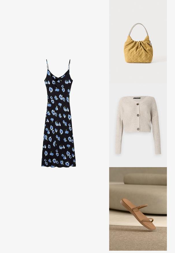 Afskåret cardigan i lysebrun strik, med V-hals, lange ærmer og to store brune knapper foran. Struktureret stof.; Sort slipdress med blå blomster mønster, tynde spaghetti stropper, en cowl halsudskæring og en afslappet pasform, der falder over knæene.; Brun slip-on sandal med to tynde remme, vist over en beige tekstureret overflade og foran en lysebeige polstret baggrund.; Blød quiltet håndtaske i sennepsgul med sølvkædehåndtag og samlet topdetalje på en ensartet lys baggrund.