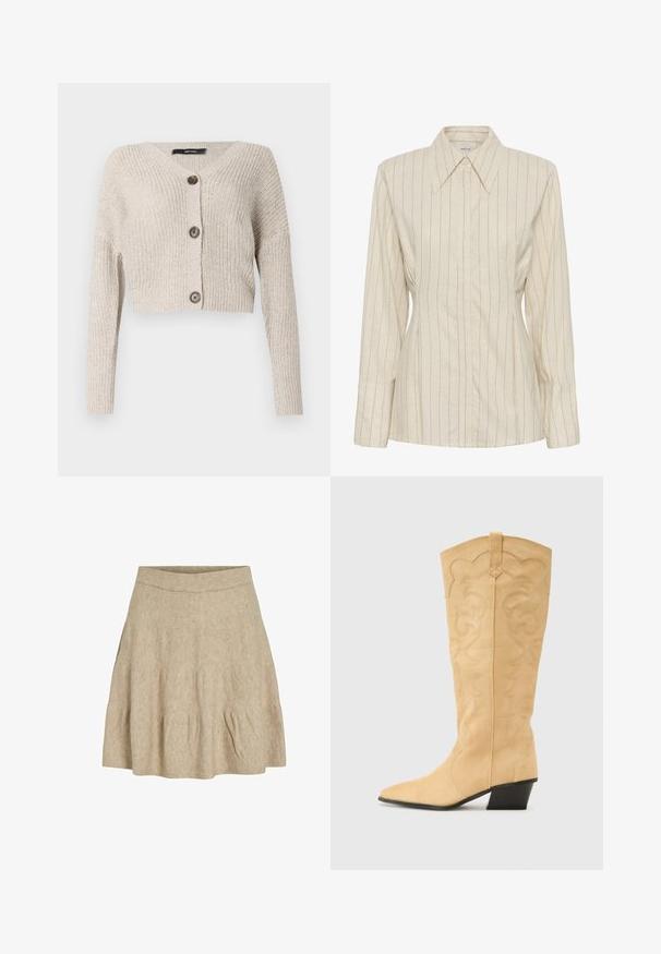 Cárdigan corto de punto en beige claro, con escote en V, mangas largas y dos grandes botones marrones en el frente. Tejido texturizado.; Blusa beige de manga larga con botones, rayas verticales finas y cuello puntiagudo.; Una falda corta beige hecha de una tela suave y texturizada, con una cinturilla acanalada y un ligero plisado cerca del dobladillo.; RAID VAANYA - Botas camperas - nude