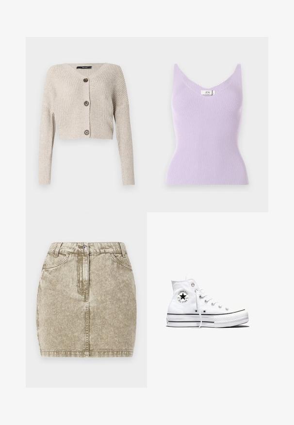 Lyhyempi beige neulejakku, jossa on V-pääntie, pitkät hihat ja edessä kaksi suurta ruskeaa nappia. Kankaan pintakuvio.; Lila ribbade ärmlösa topp med V-ringning och figurnära passform. Materialet verkar mjukt med vertikala texturdetailler. Varumärkesetikett synlig.; Khaki denimhame, joka on teksturoitua, viidellä taskulla, napeilla edessä suljettuna ja ommellut yksityiskohdat reunoilla.; Valkoinen korkeavartinen Converse Chuck Taylor All Star -tennarikenkä, jossa on musta logoplässi ja valkoiset nauhat, esillä valkoisella taustalla.