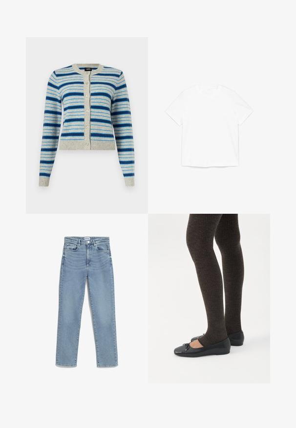 Hellgraue, zum Knöpfen vorgesehene Strickjacke mit horizontalen blauen Streifen in verschiedenen Schattierungen, gerippte Bündchen an Ärmeln, Kragen und Saum.; Schlichtes weißes T-Shirt mit kurzem Ärmel und Rundhalsausschnitt, flach auf einem weißen Hintergrund liegend.; Hellblaue Jeans mit geradem Schnitt, fünf Taschen, vorderem Knopfverschluss und sanften Ausbleichungen am Oberschenkel. Klassische Denim-Struktur.; Beine in dunklen, gerippten Leggings kombiniert mit schwarzen Ballerinas mit kleinen Schleifendetails auf weißem Hintergrund.