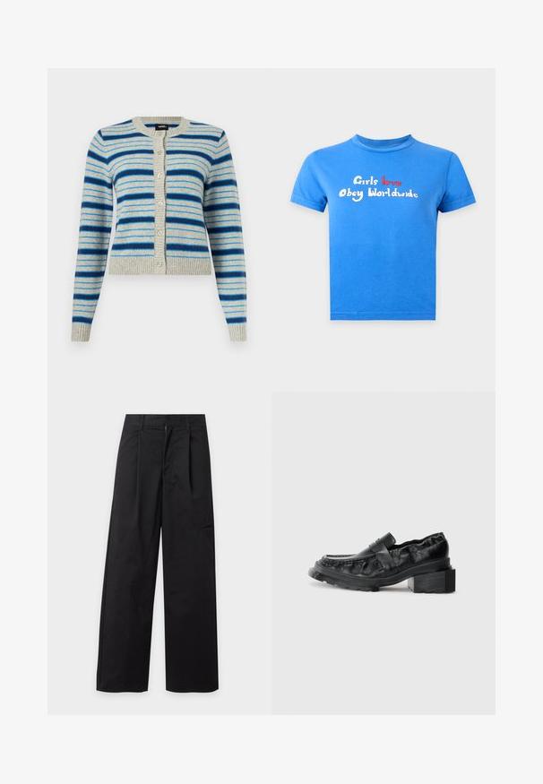 Lysegrå cardigan med knapper og vandrette blå striber i forskellige nuancer, ribstrikkede manchetter, krave og kant.; Blå T-shirt med korte ærmer med hvidt og rødt tekst "Girls love Obey Worldwide" på midten af brystet foran.; Sorte bukser med vide ben, forlommer og bæltestropper, lagt fladt på en lys baggrund.; Sorte læderloafers med en struktureret sål, der har en let forhøjet blokhæl og en tekstureret overdel, sikret med en frontrem.