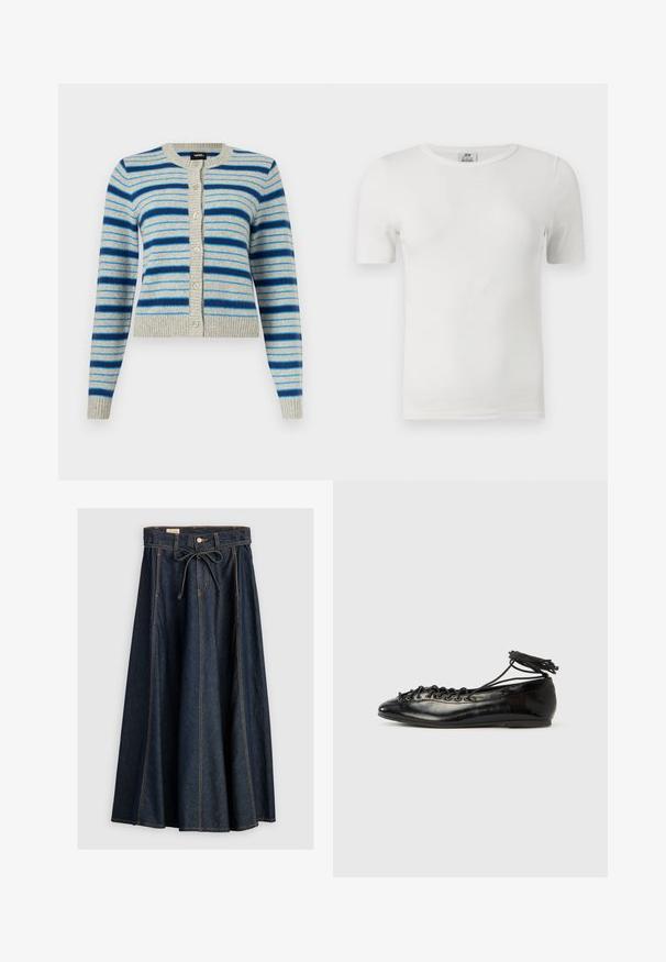 Cardigan gris clair à boutons avec des rayures horizontales bleues de différentes nuances, poignets, col et ourlet côtelés.; T-shirt blanc côtelé à manches courtes, col rond, coupe ajustée et étiquette de la marque JDY à l'intérieur du col.; Levi's® XL SKIRT - Jupe en jean - square circle; Ballerines en cuir verni noir avec un bout rond, un design à lacets et une semelle plate. Texture lisse avec peu de détails.