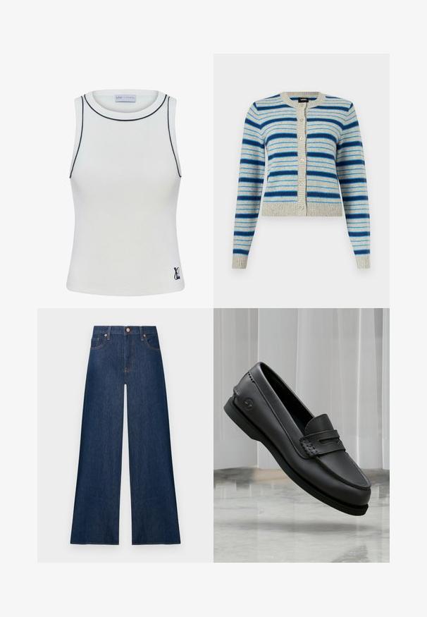 Lichtgrijze cardigan met knopen, voorzien van horizontale blauwe strepen in verschillende tinten, met geribbelde manchetten, kraag en zoom.; Witte geribde tanktop met een hoge halslijn en marineblauwe accenten langs de randen. Bevat een klein logo op de onderste rechterzijde. Rekbare stof.; Donkerblauwe denim jeans met wijde pijpen, knopen aan de voorkant en zakken, afgebeeld tegen een effen lichte achtergrond.; Zwarte leren loafer met gestikte details en logo aan de zijkant, zwevend boven een marmeren vloer tegen een lichte gordijnachtergrond.