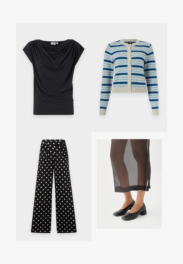Lichtgrijze cardigan met knopen, voorzien van horizontale blauwe strepen in verschillende tinten, met geribbelde manchetten, kraag en zoom.; Zwarte hangende t-shirt van zachte stof, met een ruime halslijn en korte cap mouwen. Glad textuur met geraffineerde details aan de voorkant.; Zwarte brede pijpen broek met witte polka dots, hoge taille en een tailleband met knopen.; Zwarte schoenen met blokhak en een gladde leren afwerking, gedragen met een doorschijnende zwarte rok met een nette zoom en minimalistisch ontwerp.