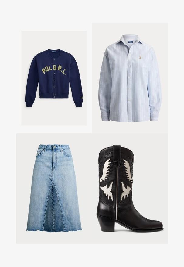 Marineblauer, zum Knöpfen geeigneter Cardigan mit gelber "P O L O R.L."-Beschriftung über der Brust und kleinem gesticktem Logo auf der linken Ärmelmanschette.; Hellblaues Langarmhemd mit Knopfleiste, dünnen weißen vertikalen Streifen und kleinem gesticktem Pferdelogo auf der linken Brust.; Polo Ralph Lauren PANELED DENIM A LINE SKIRT - A-Linien-Rock - lindale wash; Schwarze Ledercowboystiefel mit weißen eckigen Akzenten, dekorativer Stickerei, einer spitzen Zehe und einem niedrigen, gestapelten Absatz.