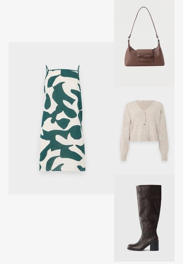 Cardigan cropped beige avec col en V, manches longues, poignets côtelés, et cinq boutons brillants sur le devant. Texture douce avec un design minimal.; Robe à bretelles spaghetti en crème avec un motif camouflage abstrait vert. Présente une coupe droite et un tissu léger.; Botte en cuir marron hauteur genou avec un bout rond et un talon empilé. Présente une texture lisse et des coutures latérales.; Sac à bandoulière en cuir marron avec une poche à rabat avant ornée d'un détail en forme de nœud cousu et une sangle réglable.