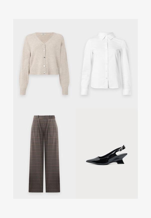 Beige cropped cardigan med V-hals, lange ærmer, ribbede manchetter og fem skinnende knapper foran. Blød tekstur med minimalt design.; Hvid skjorte med lange ærmer, knapper, spids krave, lige kant og tætsiddende silhuet, vist på en ensartet lys baggrund.; Rude bukser med bred benform, der har læg, høj talje og en blanding af brune, sorte og lyseblå farver.; Sort laklæder slingback sko med spids tå og lav vinklet blokhæl på ensartet lys baggrund.