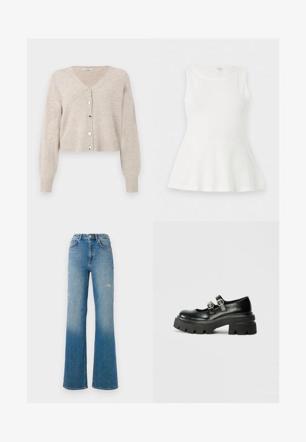 Beige cropped cardigan med V-hals, lange ærmer, ribbede manchetter og fem skinnende knapper foran. Blød tekstur med minimalt design.; Hvid ærmeløs peplum top med rund halsudskæring og figursyet talje, vist fladt på en ensartet hvid baggrund.; Højtaljede blå denimjeans med let slid på lårerne, fem-lomme stil og en flared ben design.; Sorte læder platform sko med rund tå, to metallic spænde detaljer og en klodset, struktureret sort sål.