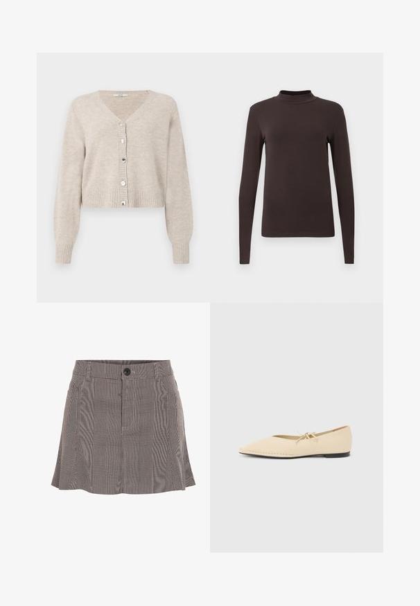 Beige verkürzter Cardigan mit V-Ausschnitt, langen Ärmeln, gerippten Bündchen und fünf glänzenden Knöpfen an der Vorderseite. Weiche Textur mit minimalistischem Design.; Langärmliges Rollkragenoberteil aus dunkelbraunem Stoff. Hat ein figurbetontes Design und eine glatte Textur ohne sichtbare Muster oder Steuerelemente.; Karierte Rock in Schwarz und Weiß, aus leichtem Stoff gefertigt, mit einem Bund mit Knopf und einem plissierten Design für zusätzliche Details.; Beiger flacher Schuh mit spitz zulaufender Zehenkappe, einer kleinen Schleife oben und einer schwarzen Sohle, seitlich auf einem einfarbigen hellen Hintergrund gezeigt.