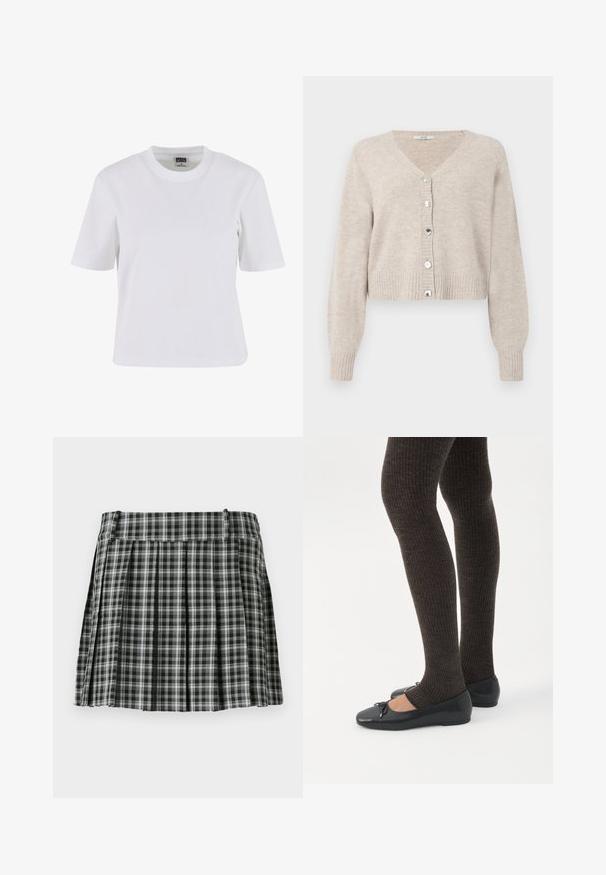 Cárdigan corto beige con cuello en V, mangas largas, puños acanalados y cinco botones brillantes en la parte delantera. Textura suave con diseño minimalista.; Camiseta blanca de manga corta hecha de algodón, con cuello redondo, corte relajado y textura suave con detalles de costura mínimos.; Falda plisada de cuadros en blanco y negro con una cintura suave y múltiples pliegues verticales. Fabricada en un tejido ligero.; Piernas con leggings oscuros acanalados combinados con bailarinas negras que presentan pequeños detalles de lazo sobre un fondo blanco.