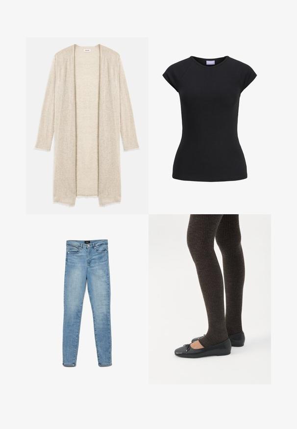 Beige gebreide cardigan met een open voorkant, lange mouwen en een ingewikkeld uitsnijdpatroon. Licht afgeronde randen voor extra textuur.; Zwarte nauwsluitende korte mouwen T-shirt met ronde hals en paarse merkembleem binnenin de kraag.; Lichtblauwe vervaagde skinny jeans met een knoopsluiting aan de voorkant en vijf zakken, plat gelegd op een witte achtergrond.; Benen met donkere geribbelde leggings gecombineerd met zwarte ballerina's met kleine strikdetails op een witte achtergrond.
