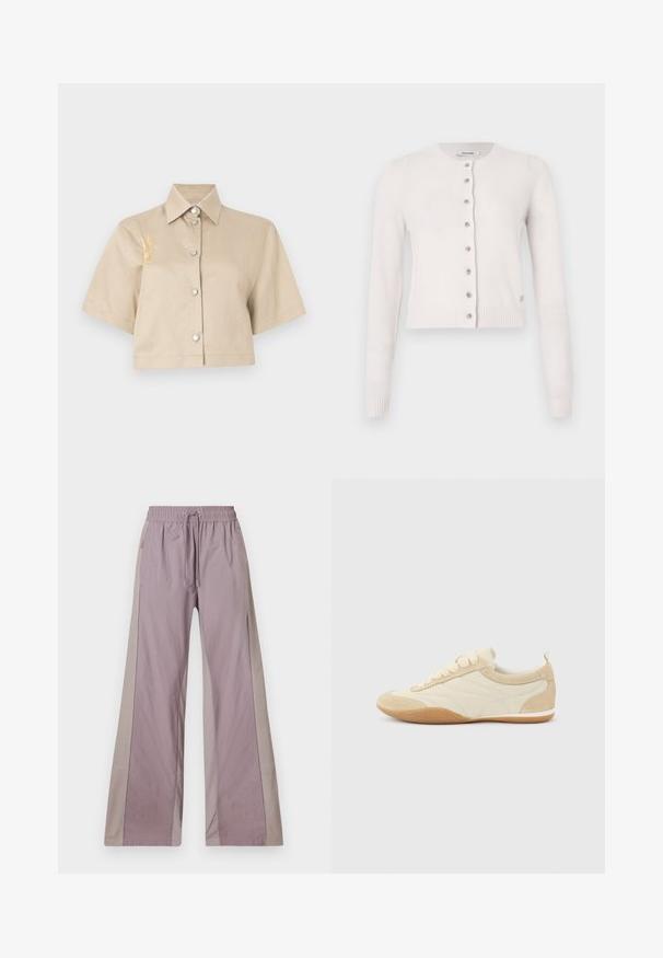 Hvid strikket cardigan med lange ærmer, rund halsudskæring og fem knapper foran. Ribstrikkede manchetter og kant giver tekstur. Blødt, letvægtsstof.; Afskåret beige skjorte med korte ærmer, knaplukning foran og sølvknapper. Har en gul broderet detalje på venstre side.; Bredde bukser lavet af letvægtsstof i lavendel med kontrasterende beige sidepaneler, der har en elastisk talje og frontlommer.; Beige og off-white afslappet snøresko med ruskindsdetaljer og en sål i gummigummi, vist fra ydersiden på en ensfarvet baggrund.