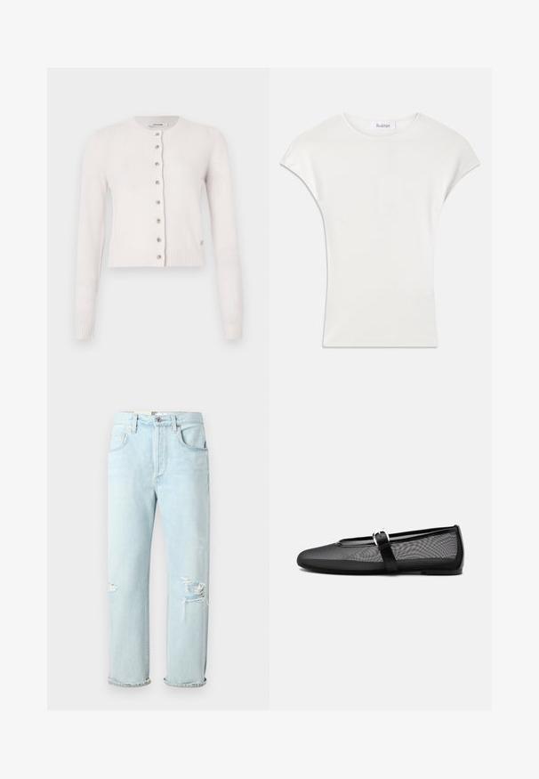 Cárdigan blanco de punto con mangas largas, escote redondo y cinco botones en la parte delantera. Puños y dobladillo acanalados que aportan textura. Tela suave y ligera.; Camisa blanca de manga corta hecha de una suave tela de canalé. Cuello redondo; corte holgado con ligeras mangas tipo capucha. Etiqueta de la marca visible en el cuello.; Vaqueros de mezclilla azul claro con un corte relajado, que presentan desgastes y rasgaduras en la parte delantera, dobladillos enrollados y un diseño clásico de cinco bolsillos.; Bailarina negra de malla con punta redonda y correa ajustable estilo Mary Jane con hebilla plateada, sobre un fondo liso gris claro.