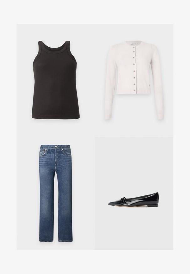 Weißer gestrickter Cardigan mit langen Ärmeln, rundem Ausschnitt und fünf Knöpfen vorne. Gerippte Bündchen und Saum verleihen Struktur. Weicher, leichter Stoff.; Schwarzes, geripptes Tanktop mit rundem Ausschnitt und breiten Trägern. Hergestellt aus einem weichen, elastischen Stoff und mit einer figurbetonten Passform.; Dunkelblaue Jeans aus Denim mit geradem Schnitt, ausgestattet mit einem vorderen Knopfverschluss, fünf Taschen und leichter Verfärbung entlang der Oberschenkel.; Schwarze Lackleder-Ballerina mit spitzem Zehenbereich, kleinem dekorativen Riemen und niedrigem Blockabsatz. Glatte Textur und elegantes Design.
