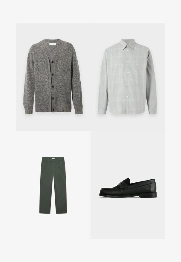 Graue Strickjacke mit strukturierter Oberfläche, mit V-Ausschnitt, langen Ärmeln und sechs schwarzen Knöpfen vorne.; Graues Langarmshirt mit leicht kariertem Muster, Knopfverschluss, spitzem Kragen und glatter Stoffbeschaffenheit.; Dunkelgrüne Baumwollhosen mit geradem Beinschnitt, Fronttaschen und einem Knopfverschluss an der Taille. Glatte Oberfläche, keine Muster.; Schwarzer Leder-Penny-Loafer mit strukturierter Oberfläche, niedrigem Absatz und einem Riemen über dem Vorderblatt, seitlich auf einfarbigem Hintergrund gezeigt.