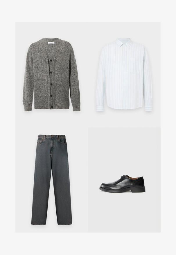 Grå strikket cardigan med en struktureret finish, med V-hals, lange ærmer og seks sorte knapper foran.; Langærmet skjorte med knapper, lyseblå og beige lodrette striber, en brystlomme og en klassisk krave.; Mørkegrå denimjeans med lige ben, fem lommer og en knap- og lynlås-lukning. Stofmet har diskret falming og syninger.; Sorte lædersko med rund tå, glat overflade, snøre detaljer og en lav, tekstureret gummisål. Rene linjer og minimalistisk design.