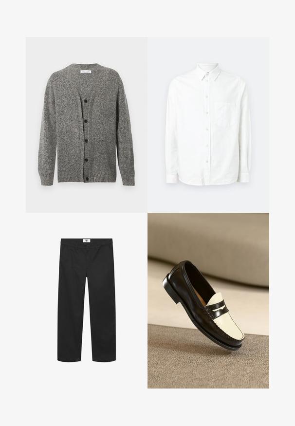 Grå strikket cardigan med en struktureret finish, med V-hals, lange ærmer og seks sorte knapper foran.; Hvid langærmet skjorte med knaplukning lavet af letvægtsstof. Har en frontlomme, klassisk krave og subtil tekstur.; Sorte chinos lavet af glat bomuldsstof. Har en knaplukning, forlommer og et lige ben-design med rene kanter.; Sort læderloafer med en cremefarvet vamp og sorte accentstriber, som har en lav hæl og detaljeret syning langs kanterne.