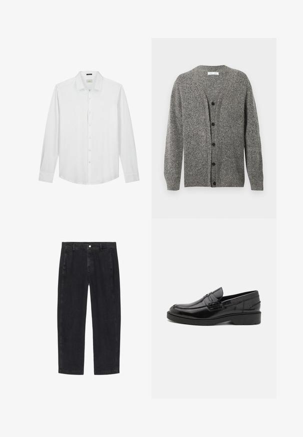 Grå strikket cardigan med en struktureret finish, med V-hals, lange ærmer og seks sorte knapper foran.; Hvid langærmet skjorte, knapned krave, blød tekstur, glat stof, diskret logo på brystet og klassisk pasform med buet kant.; Sorte denim jeans med lige ben, forlommer, bæltestropper og knaplukning i taljen.; Sorte læder loafers med en glat finish, rund tå, lav hæl og dekorativ syning langs forsiden. Gummisål for godt greb.