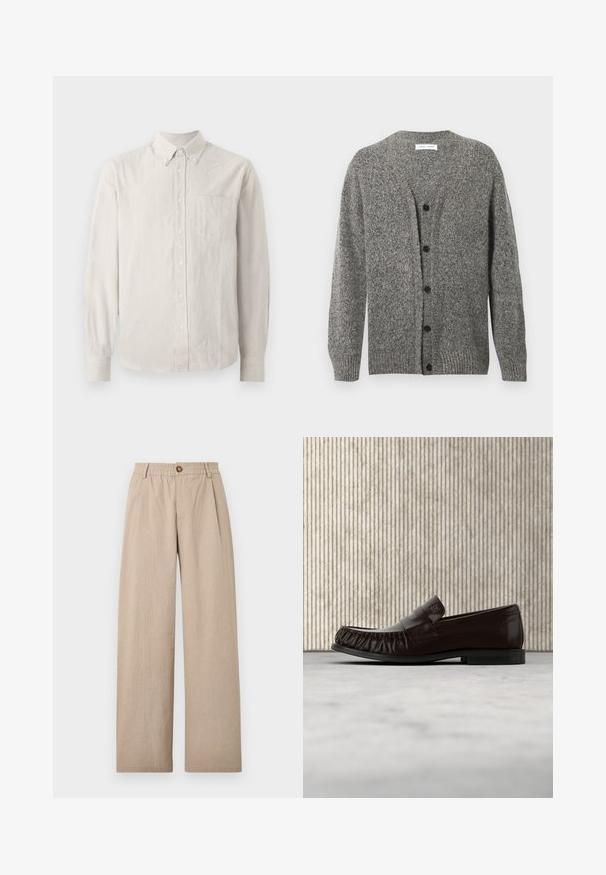 Grå strikket cardigan med en struktureret finish, med V-hals, lange ærmer og seks sorte knapper foran.; Button-up skjorte i lys beige med tynde lodrette striber, lange ærmer, krave og en enkelt brystlomme. Blødt stof med en glat tekstur.; Beige vide bukser med struktureret finish, der har folder og en elastisk talje, fastgjort med en bronze knap foran.; Mørkebrune læderloafer med syningdetaljer, svævende over beige tæppe, med et blankt, ravfarvet rundt bord i baggrunden.