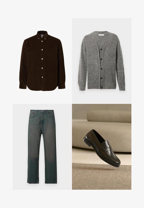 Grå strikket cardigan med en struktureret finish, med V-hals, lange ærmer og seks sorte knapper foran.; Mørkebrun manchesterskjorte med lange ærmer, knappelukning, knappede nedadgående krave og hvide knapper foran og på manchetterne.; Mørkegrønne denimjeans med lige ben, der har et klassisk design med fem lommer og kontrastsyninger langs sømmene.; Sort læderloafer med slankt design og dekorativ rem, vist over et struktureret beige tæppe og neutral sofa baggrund.