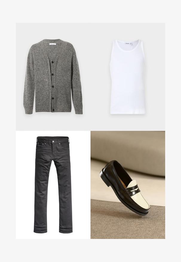 Cardigan gris en maille avec une finition texturée, présentant un col en V, des manches longues et six boutons noirs sur le devant.; Débardeur en coton blanc avec un col rond et des bretelles larges. Texture lisse, sans motifs, design épuré et étiquette de marque au niveau du col.; Jeans en denim noir avec un design classique à jambes droites. Comprend des poches avant, une fermeture à bouton et des détails de couture subtils.; Mocassin en cuir noir avec un empeigne crème et des rayures noires, présentant un petit talon et des coutures détaillées le long des bords.
